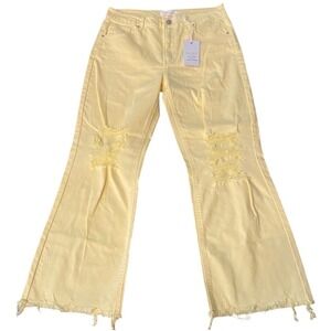 Risen Jeans Womens 1XL Pale Butter Yellow Distressed Flare Jeans Button Fly Crop